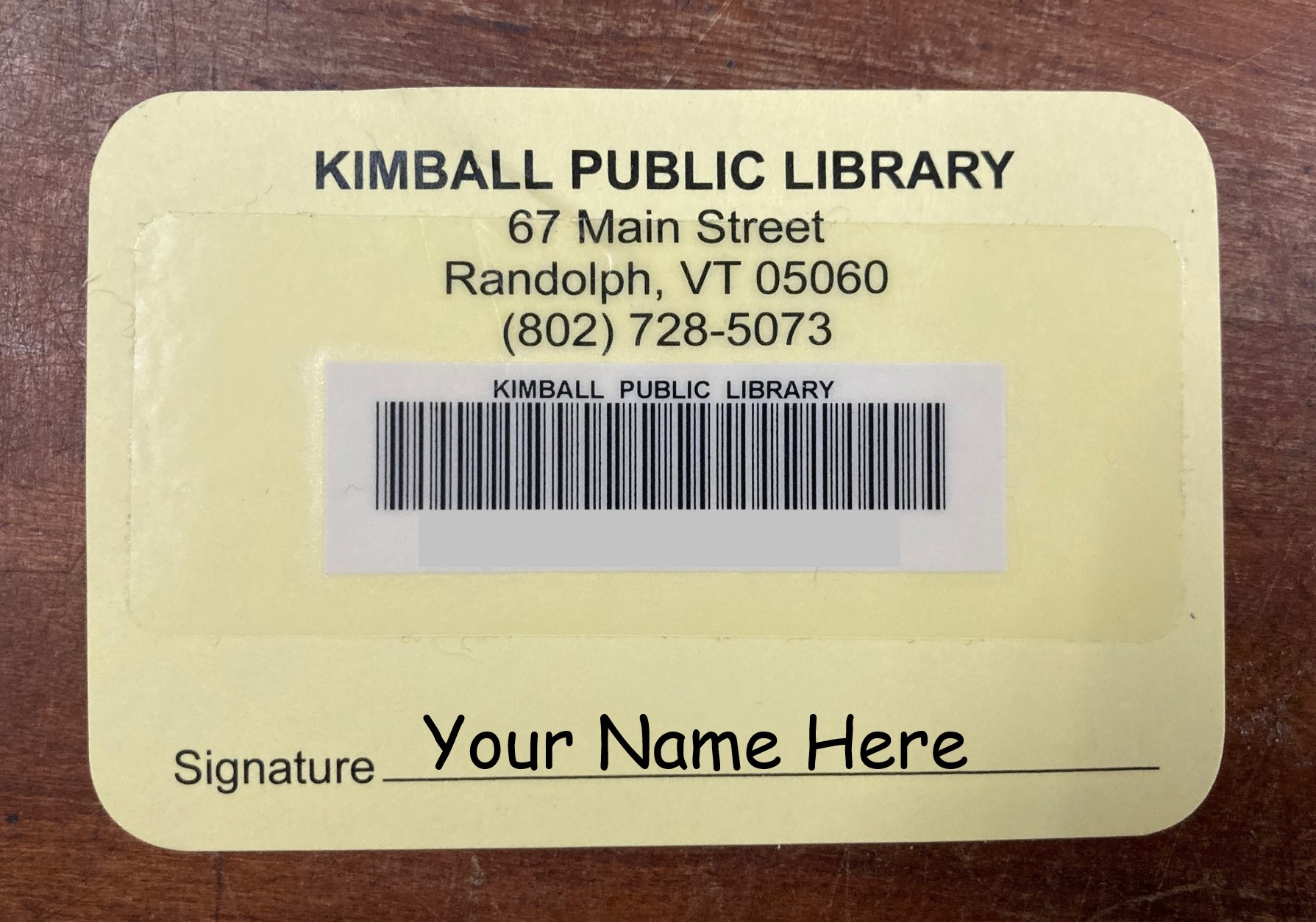 Kimball Public Library Card